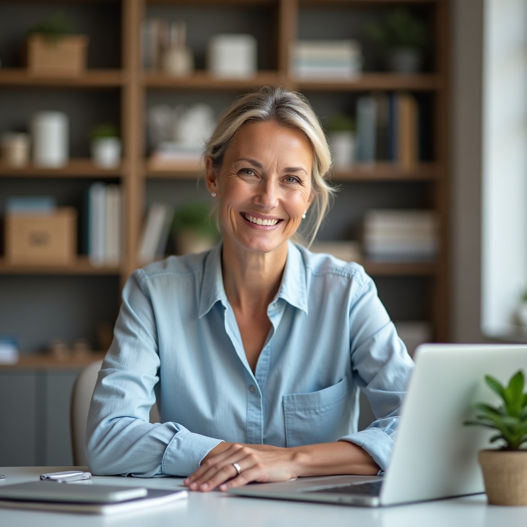 Person with relaxed confident expression working at desk with clear organized workspace, representing post-course clarity