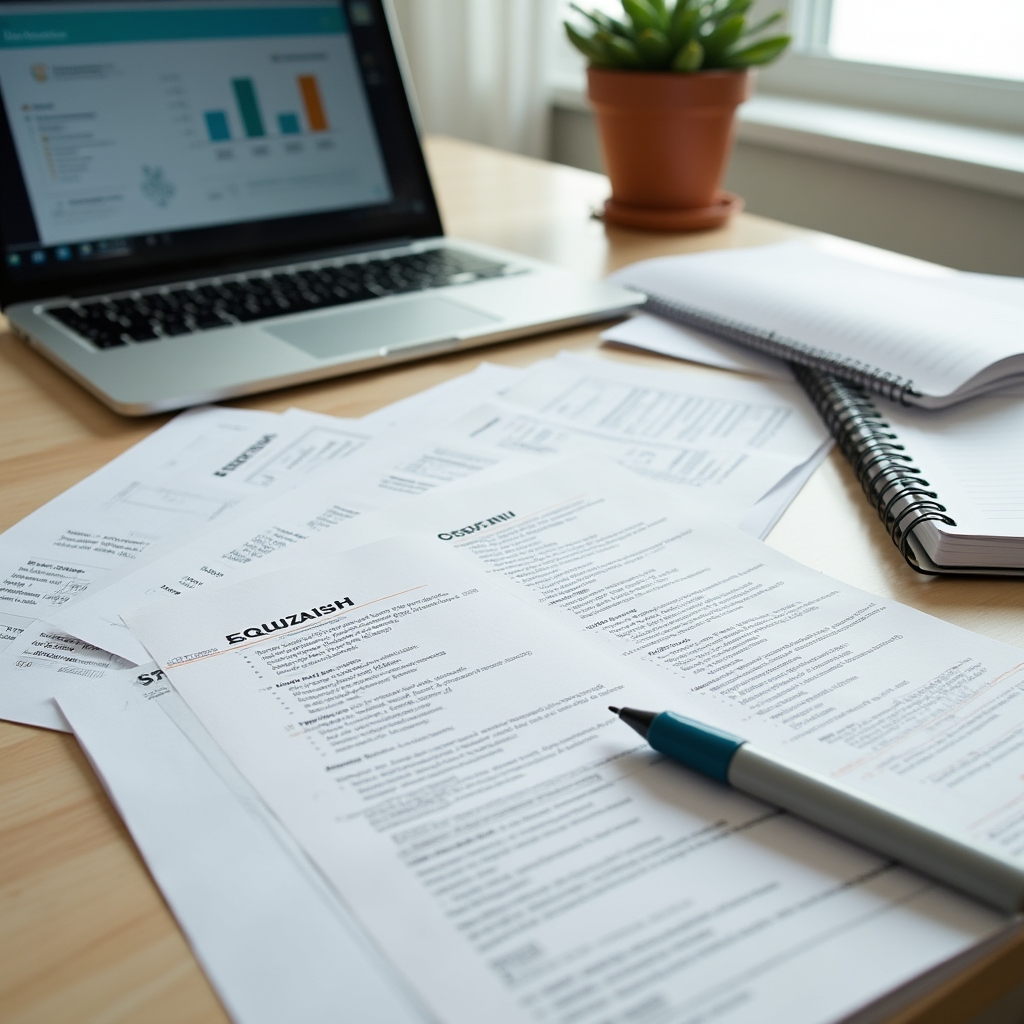 Structured course materials and notes spread across a clean desk in a professional home office setting
