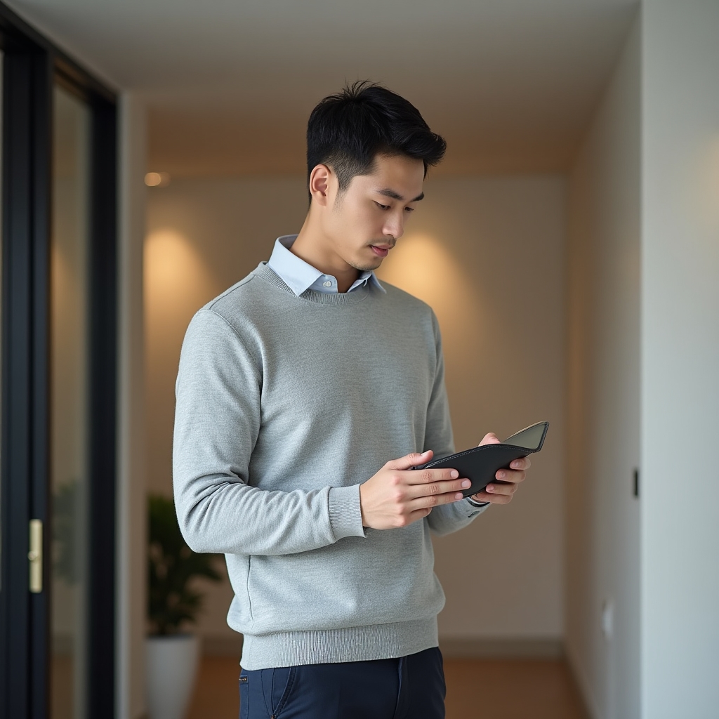 Person pausing thoughtfully before making a purchase decision, holding item and reflecting, well-lit modern retail environment