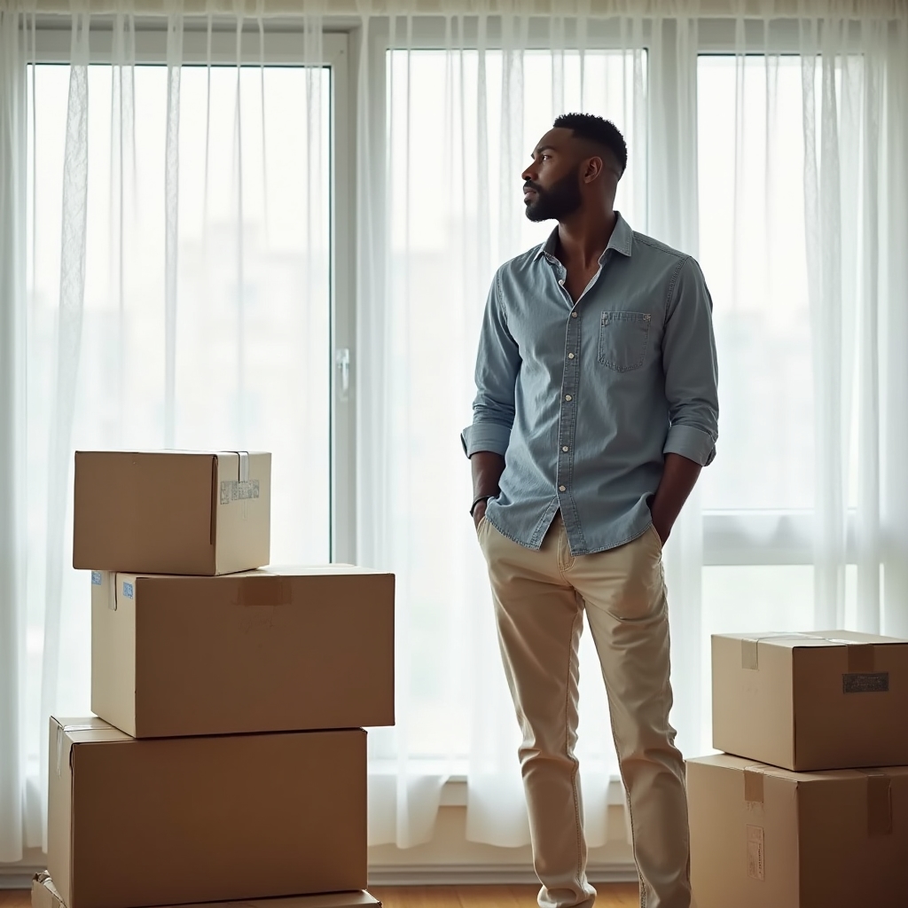 Professional in their late 30s packing boxes in bright modern apartment, thoughtful expression suggesting intentional transition planning