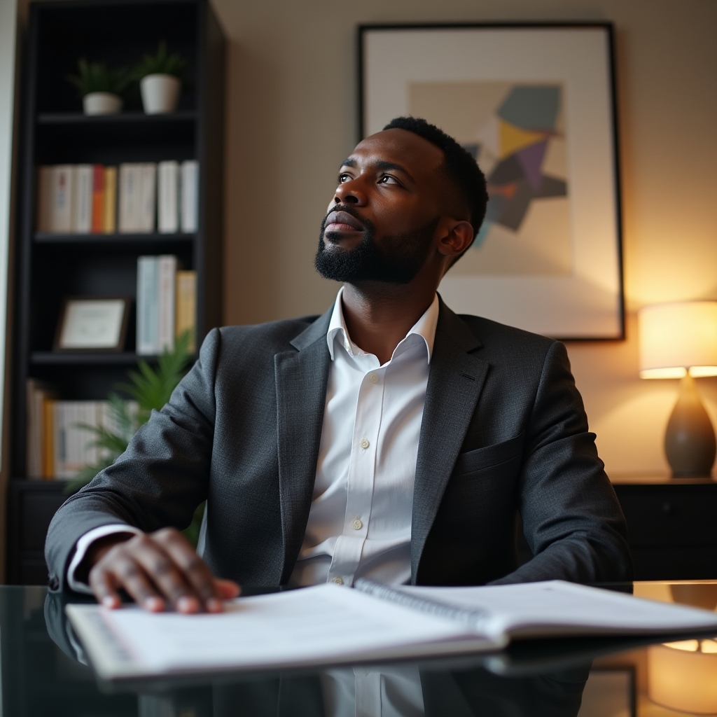 Mid-career professional in formal attire reviewing documents at organized home office desk, thoughtful expression