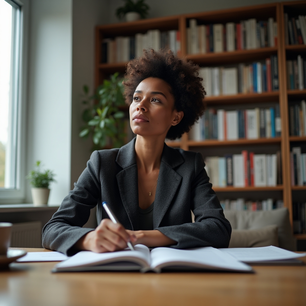 Person reflecting on spending decisions with notebook and financial documents on desk