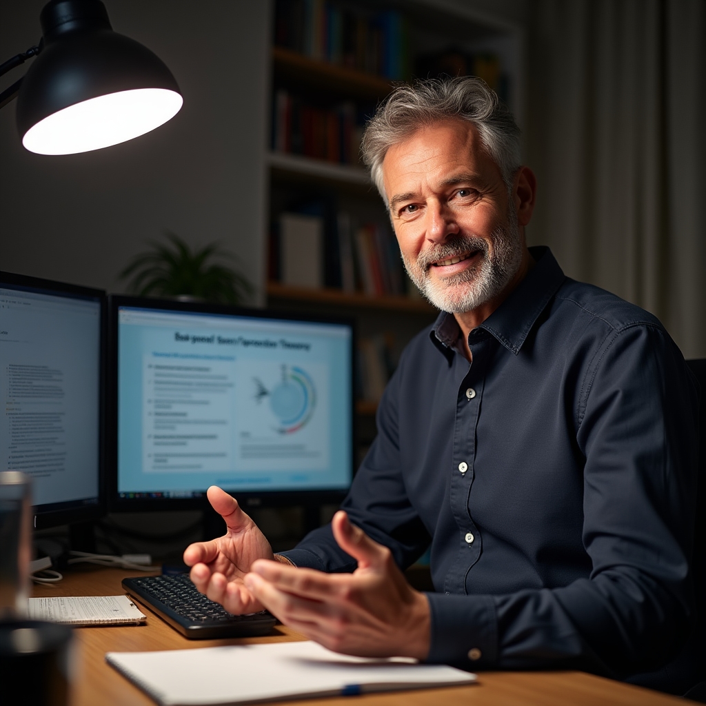 Professional educator in home office setup presenting online to participants, dual monitors showing presentation slides, engaged expression